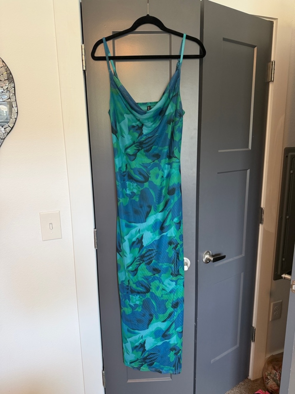 Blue Green Slip Dress with Abstract Print